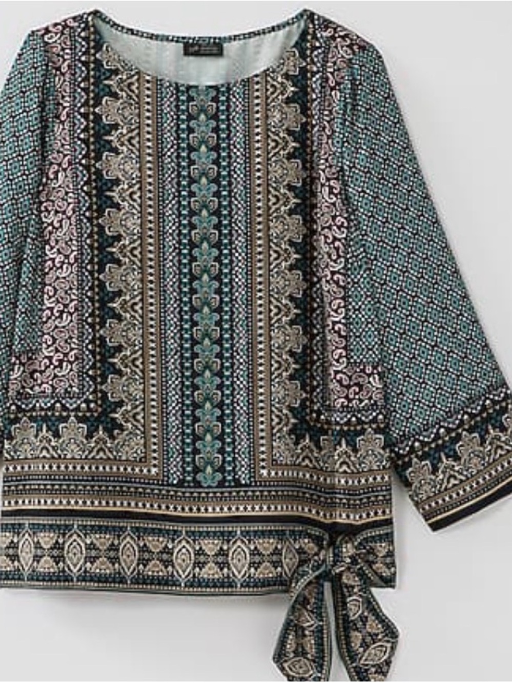 J. Jill Teal, Black & Cream Printed Tie-Hem Blouse